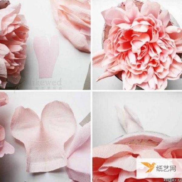 Illustrated steps on how to hand-make large wrinkled paper flowers