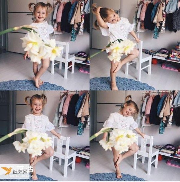 A very creative childrens photo - the little girl puts on a cute fruit and vegetable dress