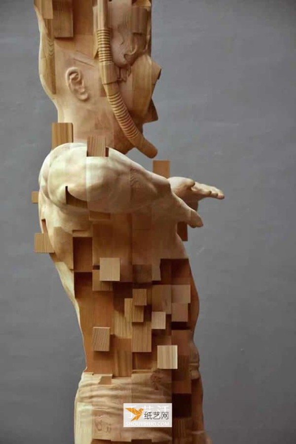 A combination of traditional wood carving and digital elements—pixel wooden figure