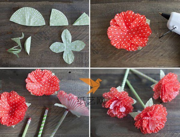 You can also make beautiful paper flowers with pencils and cupcake crusts