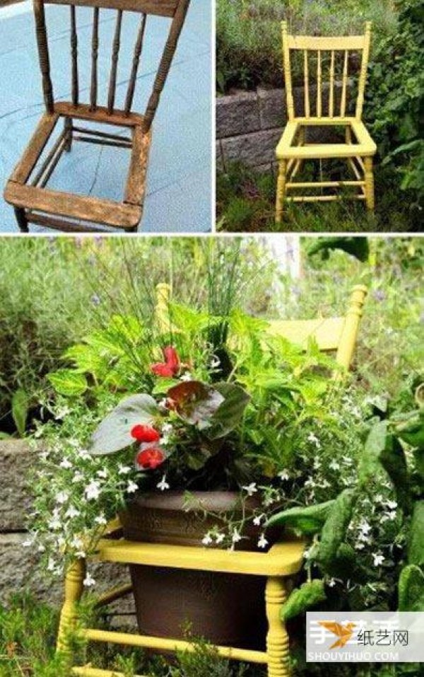 Illustrated tutorial on using old furniture at home to transform personalized flower pots and flower stands