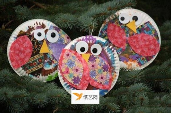 Cute owl ornaments made from recycled paper dinner plates