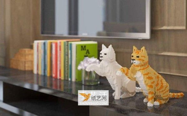 Three-dimensional cat model made of mini Lego bricks