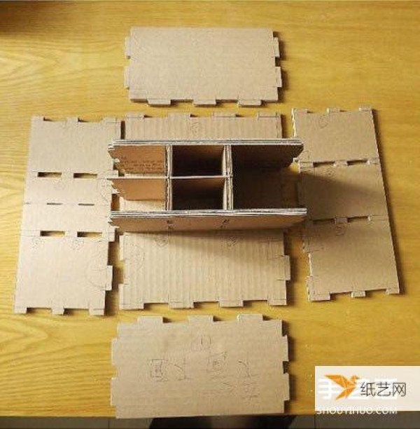 Illustration of the process of reusing cardboard boxes to make useful cabinets by hand