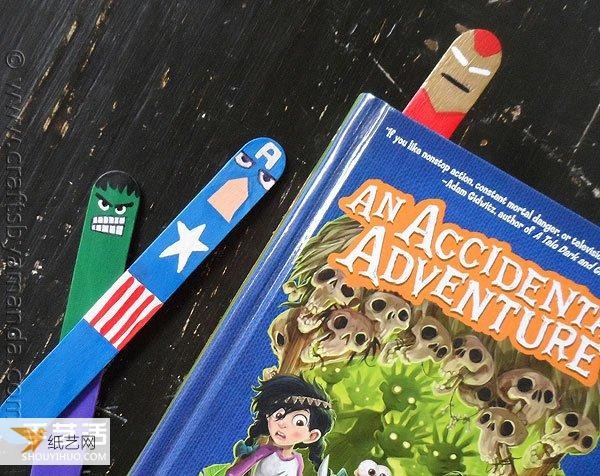 Tutorial on repurposing popsicle sticks to make personalized Avengers bookmarks