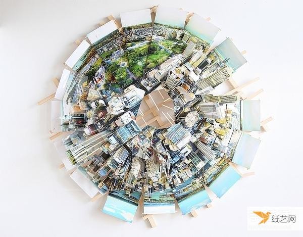 Three-dimensional city paper sculpture art: splicing multiple photos into a panoramic picture