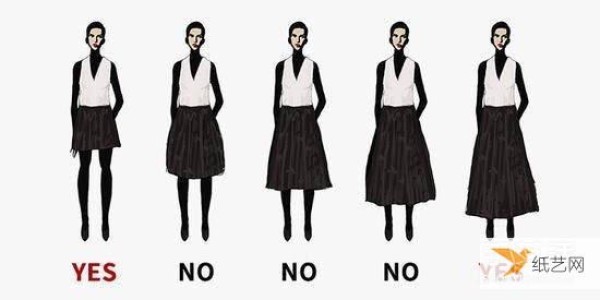 Very simple illustration of dressing rules. Good proportions can highlight tallness and thinness