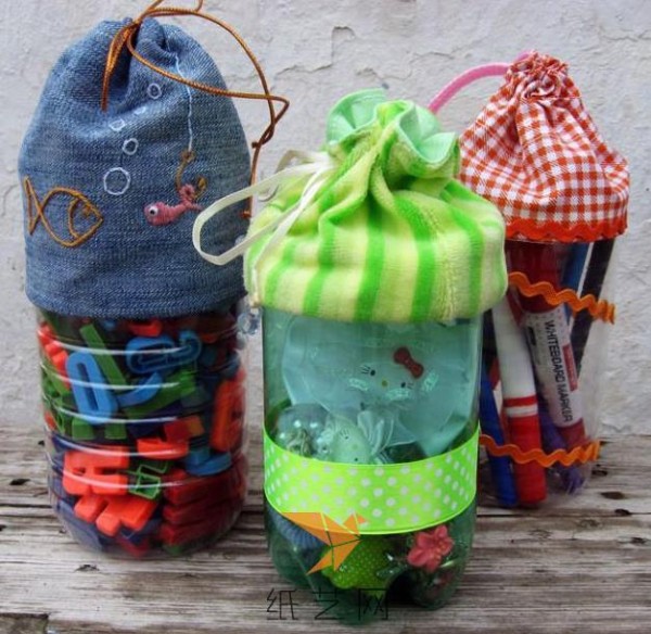 Bucket-shaped storage bag made from waste bottles