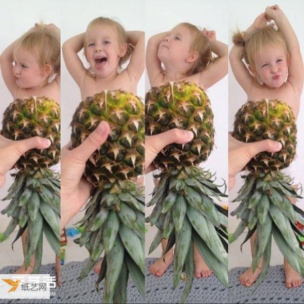 A very creative childrens photo - the little girl puts on a cute fruit and vegetable dress