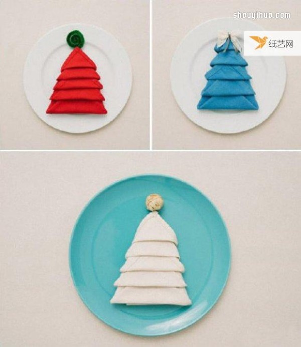 Illustrated tutorial on how to fold Christmas-themed Christmas tree tablecloths