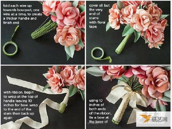 Illustrated tutorial on how to make a rose bouquet using paper cutting