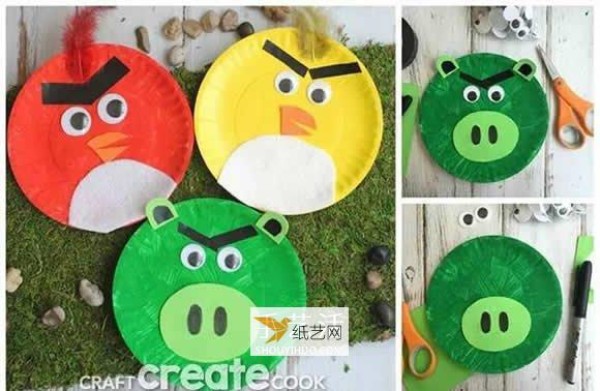 Handmade Angry Birds illustration using paper dinner plate waste