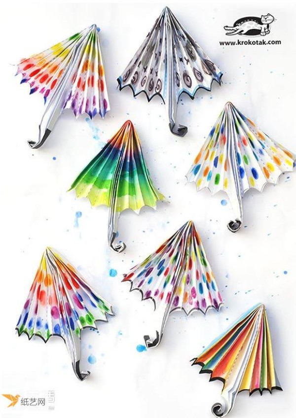 Illustration of childrens handmade folded paper colorful umbrellas