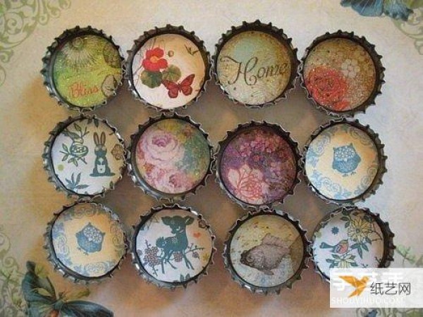 Very cute and beautiful painting of bottle caps. Painting of metal bottle caps turning waste into treasure.