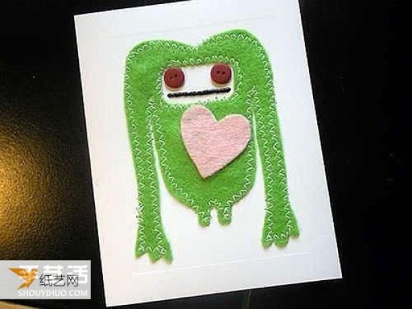 Illustrations of handmade Valentines Day greeting cards with personalized little monsters made of non-woven fabrics