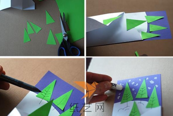 Tutorial on making Christmas three-dimensional greeting cards with childrens handmade Christmas trees