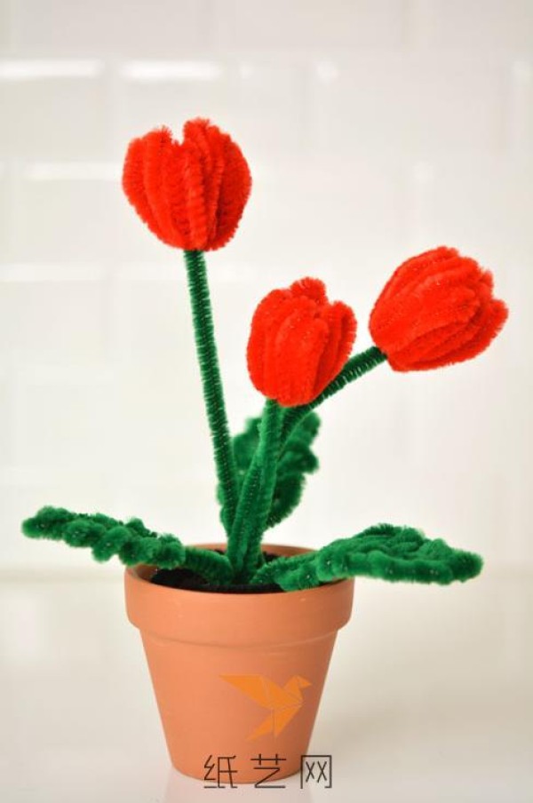 Wool knitting beautiful small potted tulips, childrens handmade Teachers Day gift