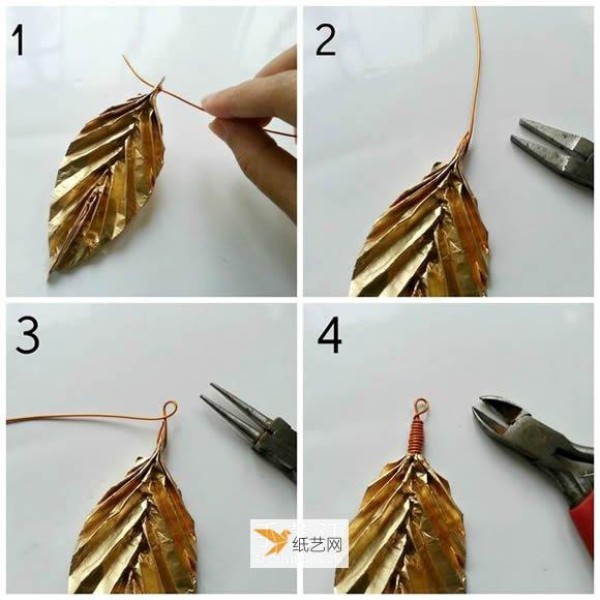 Children use tinfoil to fold paper leaf pendants