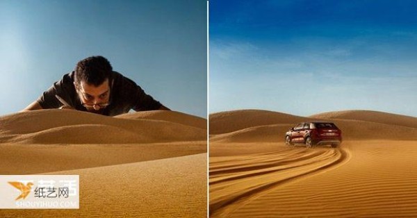 Create a 1:43 car world, an Audi desert advertisement specially produced by a miniature photographer