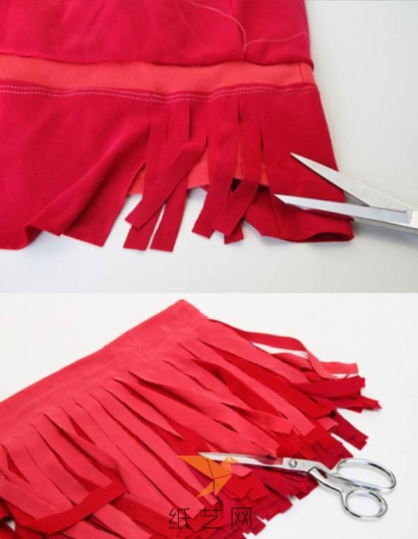 Tutorial on turning waste into treasure. Tutorial on making an unwearable cotton T-shirt into a multi-layered fringed skirt.