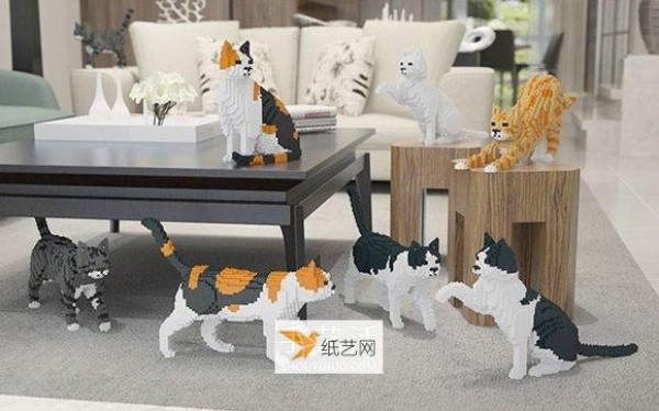 Three-dimensional cat model made of mini Lego bricks