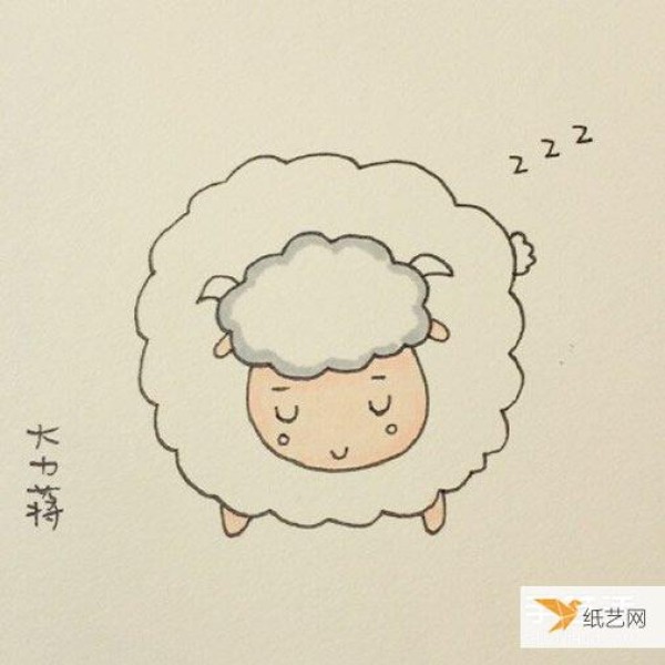 Simple drawing tutorial of a sleeping little sheep including coloring steps