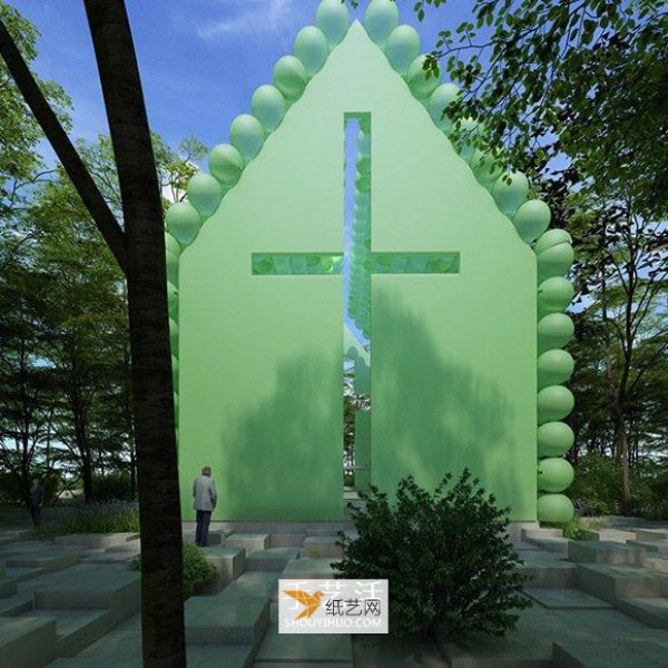 He will fly away in the next second! Green sphere church surrounded by forest