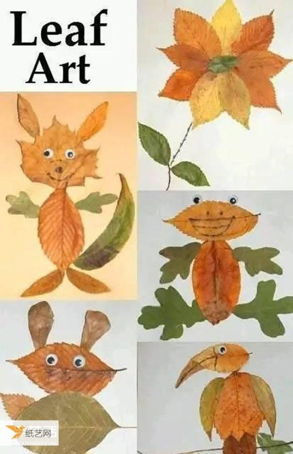 A collection of pictures of children using autumn leaves to make stickers