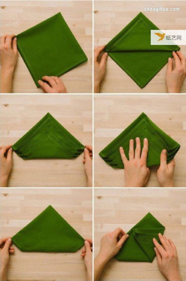 Illustrated tutorial on how to fold Christmas-themed Christmas tree tablecloths