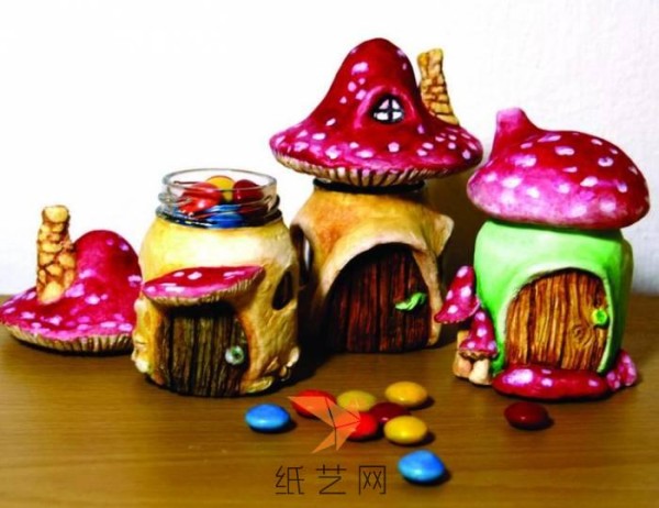 Tutorial on cute fairy tale mushroom house candy jar made from ultra-light clay