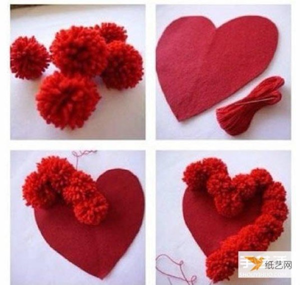 Tutorial on how to hand-sew red yarn balls and love decorative pillows