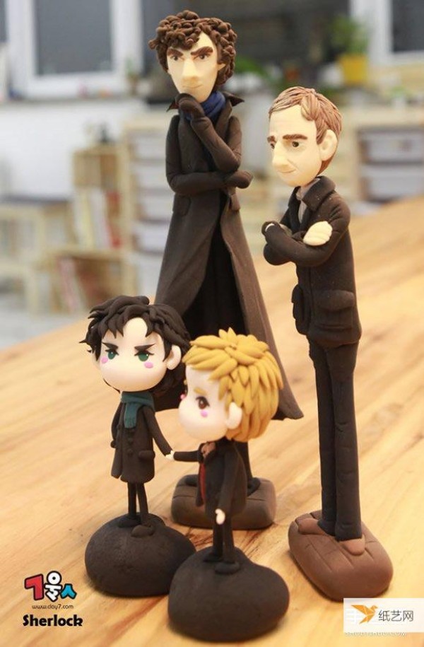 Illustrated steps for making Sherlock and Watson dolls using ultra-light clay