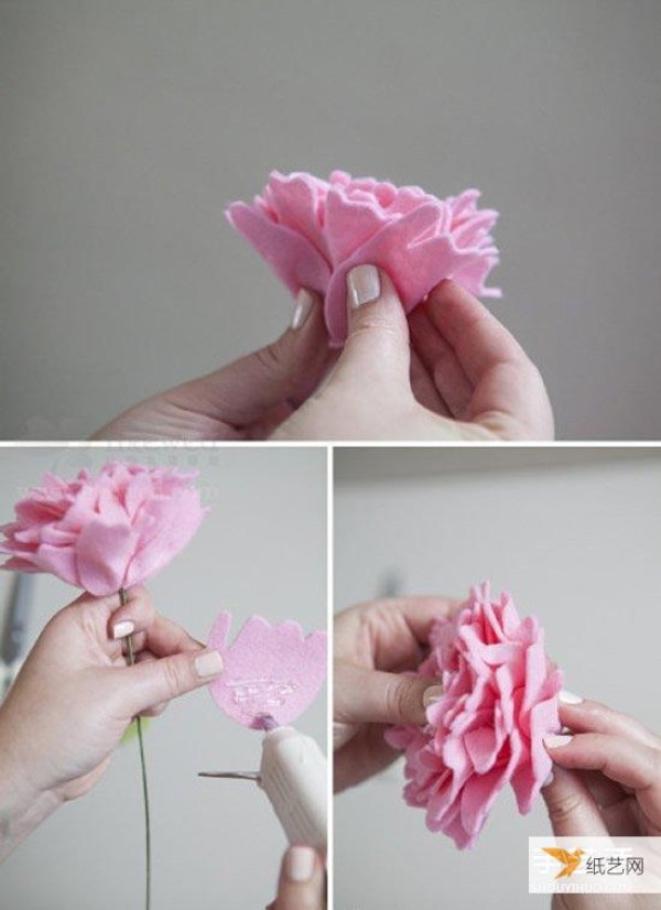 Tutorial illustration of handmade fabric peony flowers using non-woven fabrics