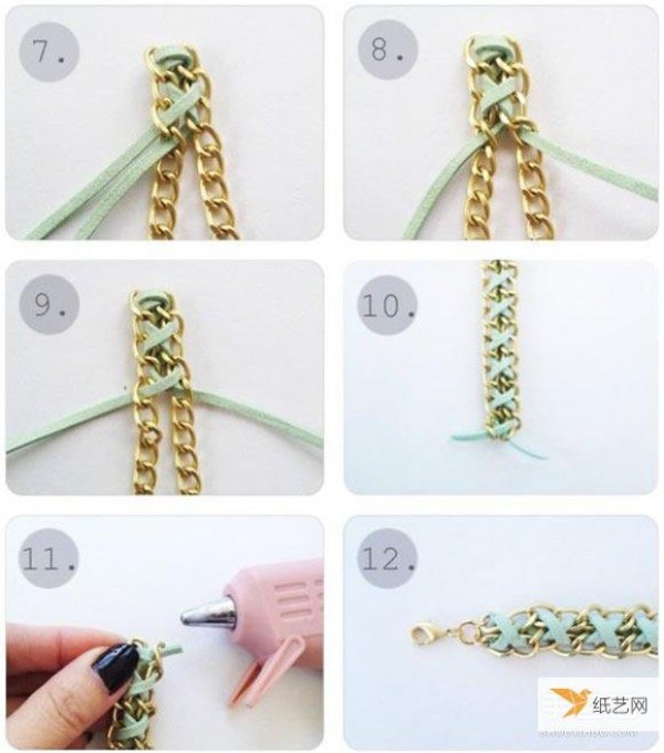 Illustrated tutorial on a beautiful necklace and bracelet woven with leather and metal chains