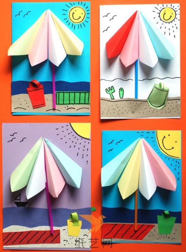 Childrens handmade origami summer beach three-dimensional pasting