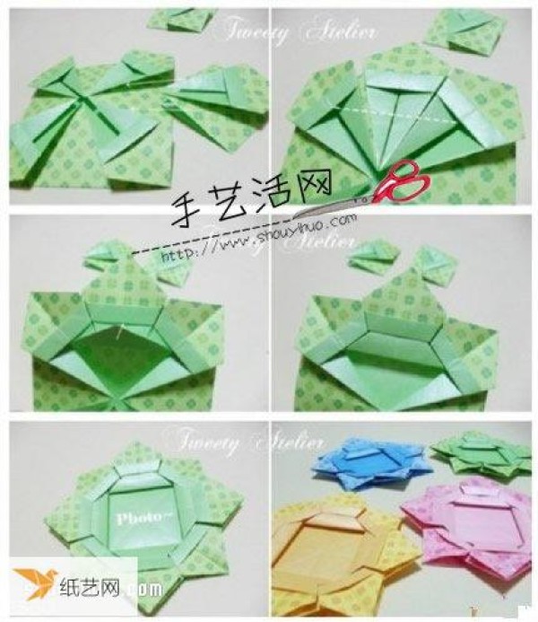 Illustrated tutorial on how to make origami photo frames by hand