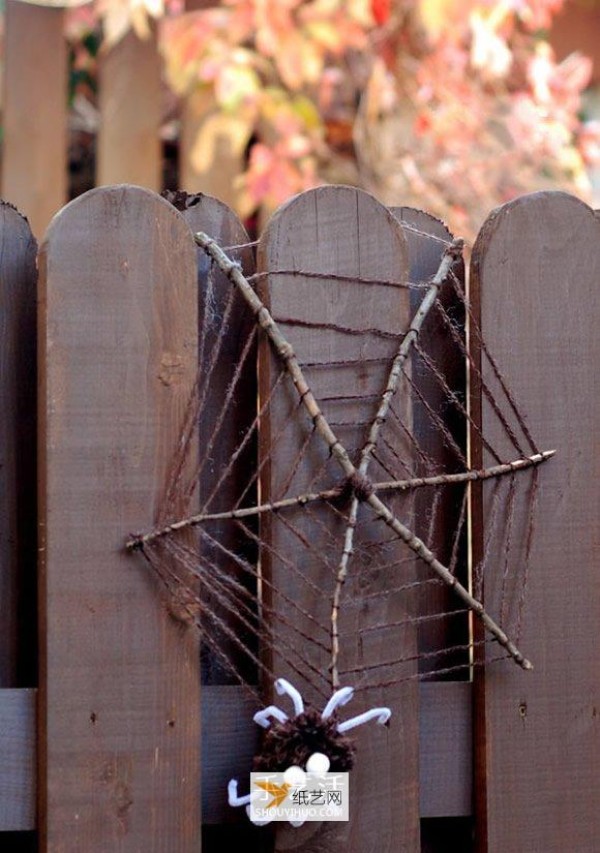 Illustration of children making a spider web as a Halloween prop