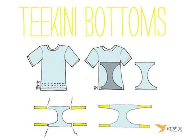 Use old T-shirts to transform sexy bikinis into swimsuits and trunks.