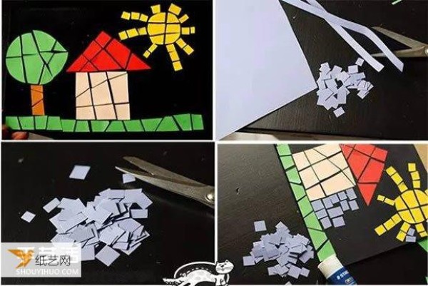 A simple mosaic puzzle pattern for children to piece together using scraps of paper