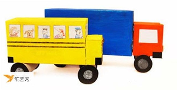 Find some pictures of the steps to make trucks, buses and fire trucks from cardboard boxes