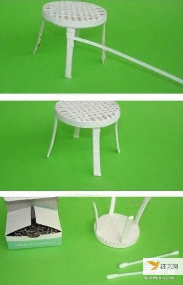 Illustrated tutorial on how to make a wicker chair by hand using disposable paper cups