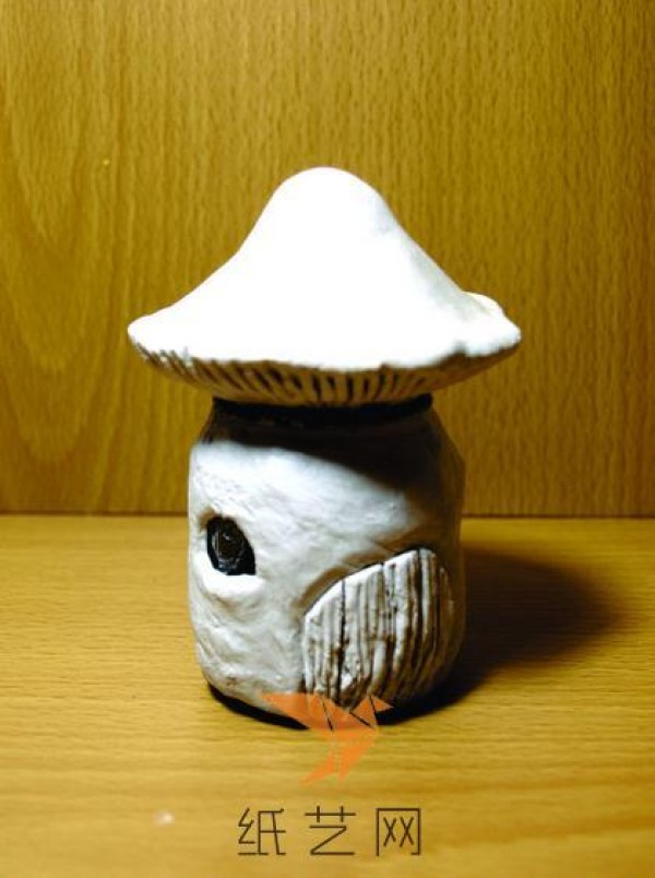 Tutorial on cute fairy tale mushroom house candy jar made from ultra-light clay