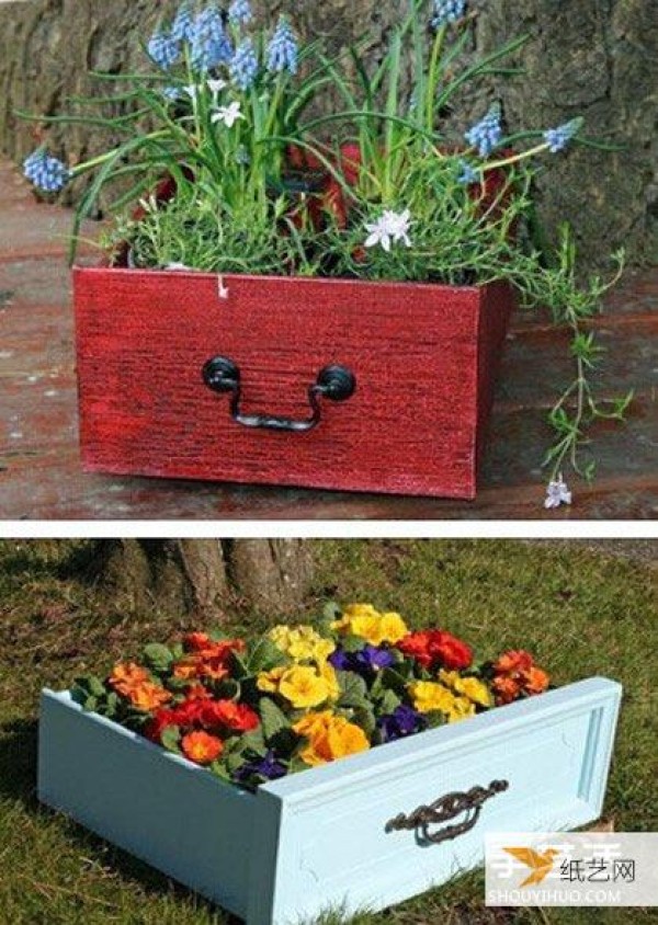 Illustrated tutorial on using old furniture at home to transform personalized flower pots and flower stands