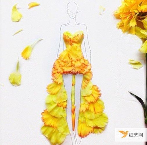 Use creative flower petals to create a simple sketch collage of a fashionable girl with personality