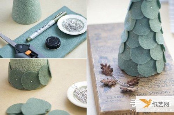 Mini decorative Christmas trees handmade from sponge and felt