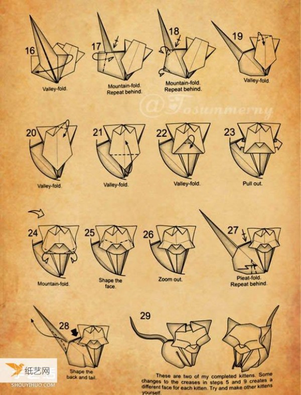 Illustrated step-by-step method of making origami for a family of one large and two small three-dimensional cats