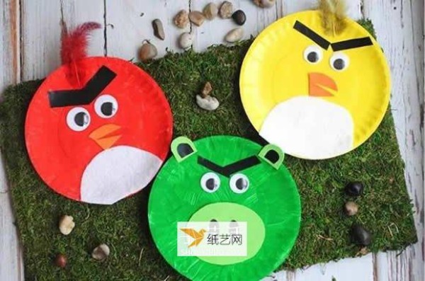 Handmade Angry Birds illustration using paper dinner plate waste