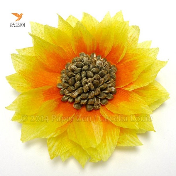 An illustrated tutorial on making exquisite sunflower paper flowers using melon seed crepe paper