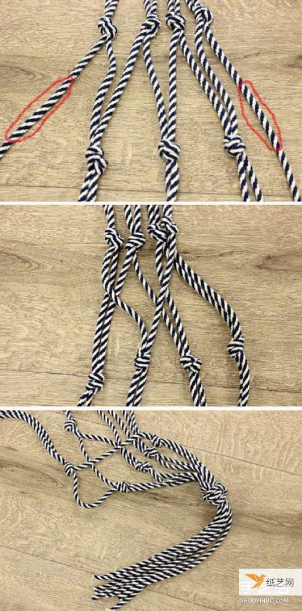 Knotted braiding method for hanging flower pots and plants using ropes