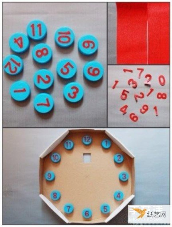 Use cartons and plastic bottle caps to make personalized childrens toy wall clocks